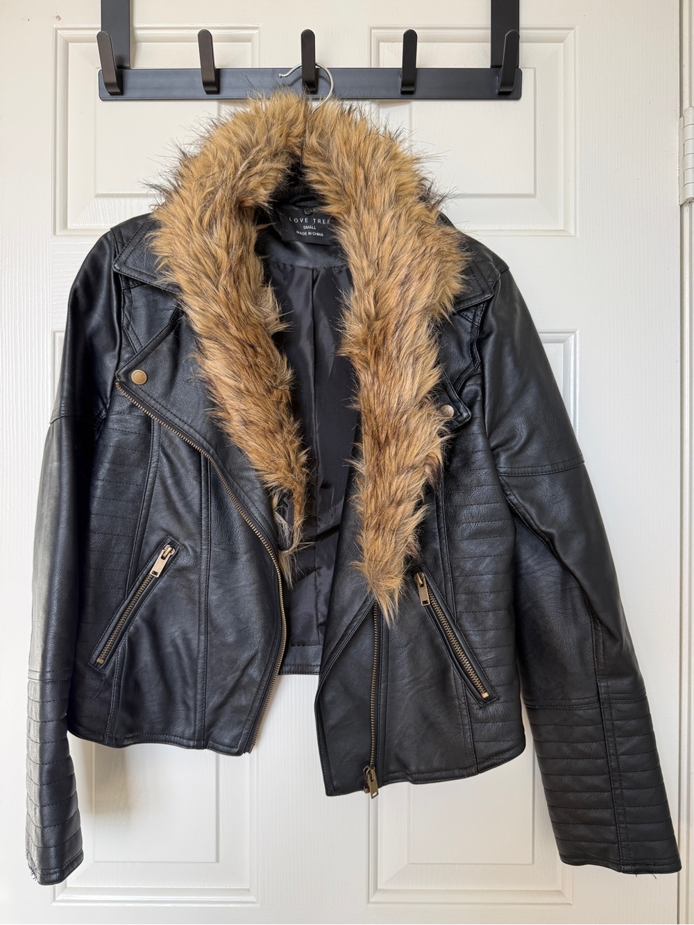 Black Faux Leather Jacket with a Removable Faux Fur Collar
